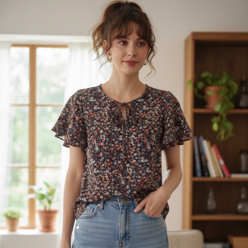 Kara and Kate Black Floral Tie-Neck Flutter Sleeve Blouse